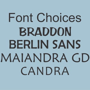 May include: A list of font choices: Braddon, Berlin Sans, Maiandra GD, and Candra.