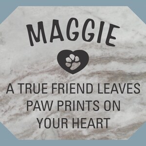May include: A gray stone memorial with the name Maggie and the text "A true friend leaves paw prints on your heart". A black heart with a paw print is in the center of the stone.