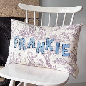 Personalised Toile Name Cushion – Handmade Felt Appliqué Nursery / Christening Gift