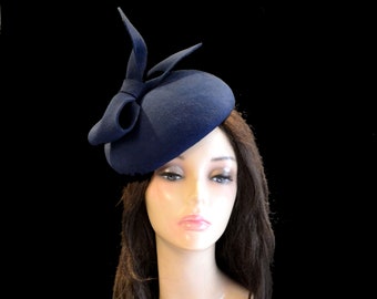 navy blue pillbox hat fascinator cocktail wedding hats bridal dark blue felt ascot kentucky womens tea party church with a bow handmade