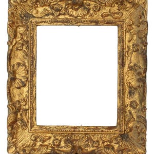 May include: Ornate, rectangular gold picture frame with detailed floral and scrollwork carvings. The frame has a distressed, antique appearance with dark accents, and a square opening for a photo or artwork.