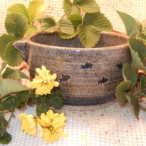 May include: A brown ceramic bowl with a speckled glaze and a handle on one side. The bowl has a design of small black fish on the side. The bowl is surrounded by green leaves and yellow flowers.