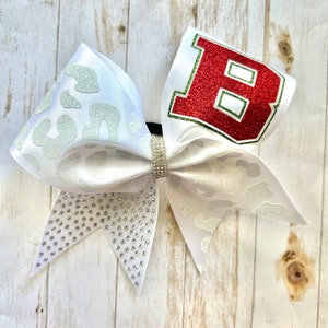 Satin rhinestone cheer bow with glitter cheetah  print