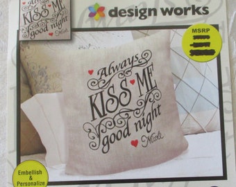 Stamped Embroidery Kit, Stamped Embroidery Pillow Kit, Always Kiss Me Good Night Kit, Hearts and Saying Pillow Kit,Embroidery Good Night Kit