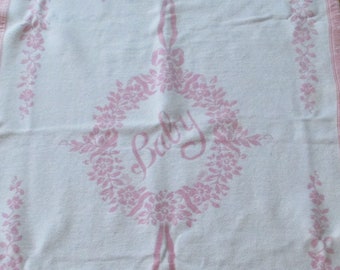 Vintage Baby Blanket, Baby Nursery,Pink White and Blue Nursery Blanket,Thick and Heavy Baby Blanket,Nursery Blanket,Pink Wreath Baby Blanket