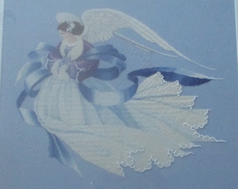 Cross Stitch Picture, Finished,Religious,Angel Counted Cross Stitch,Angel,White Winged Angel,Blue Bow,Beaded Cross Stitch Picture,Lace Angel