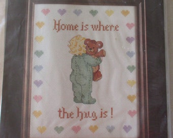 Counted Cross Stitch Kit, Brown Bear Picture Kit,Home Is Where The Hug Is,Baby Holding a Bear Cross Stitch Kit, Vtg. Cross Stitch Kit,Hearts