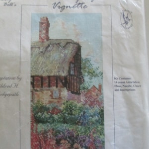 Counted Cross Stitch Kit, Miss Hathaway&#39;s Garden Vignette, Floral Gardens Picture, Cottage Picture, Country Side Picture, Stitchery Kit