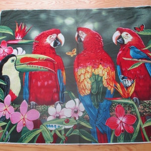 Parrots, Toucan, and Flowers Fabric Panel, Bright Colored Spring Panel,Bright Colored Summer Panel,Hawaiian Print Fabric Panel,Birds Flowers