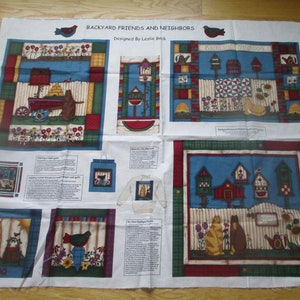 Birdhouse Fabric, Cat Fabric, Flowers Fabric, Sunflower Fabric, Beehive Fabric, Backyard Friends and Neighbors Fabric,Primitive Fabric Panel