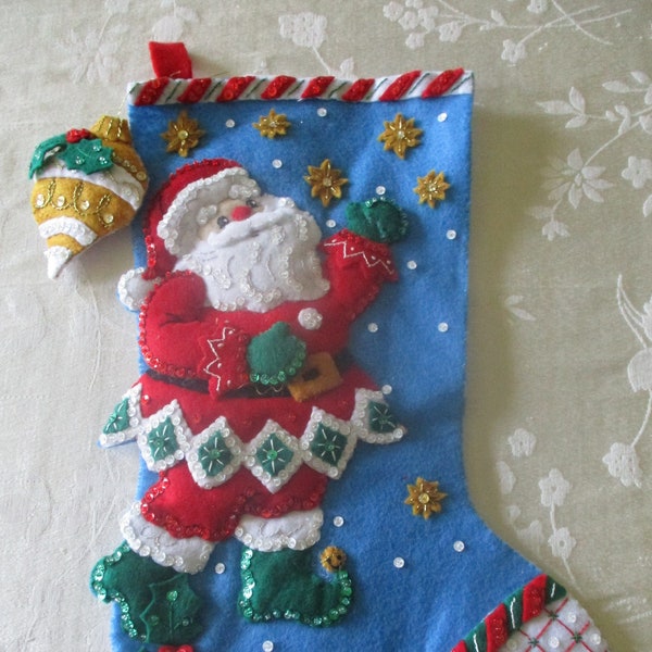 Finished Felt Santa Claus Stocking, Vintage Santa Stocking, Christmas Stocking, Finished Santa Stocking, Finished Christmas Jeweled Stocking