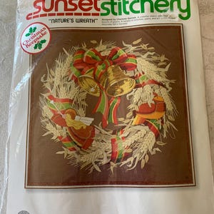 Crewel Kit, Crewel Embroidery Kit, Stitchery Kit, Christmas Crewel Kit, Sunset Stitchery Kit, Nature&#39;s Wreath, Angel,Bird,Bells,Wheat,Ribbon
