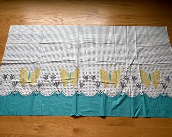 MCM Fabric, Vintage Style Textile, Curtains, Table Runner, Pillowcase Fabric, Rooster, Bird, Butterfly, Green/Blue Border, Calico Butterfly