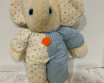 Rattle Toy, Baby, Infant, Toy, Bantam Plush Rattle Toy, White Elephant, Blue Eyes, Polka Dot Pajama, Vintage Plush, Vintage Stuffed Animal