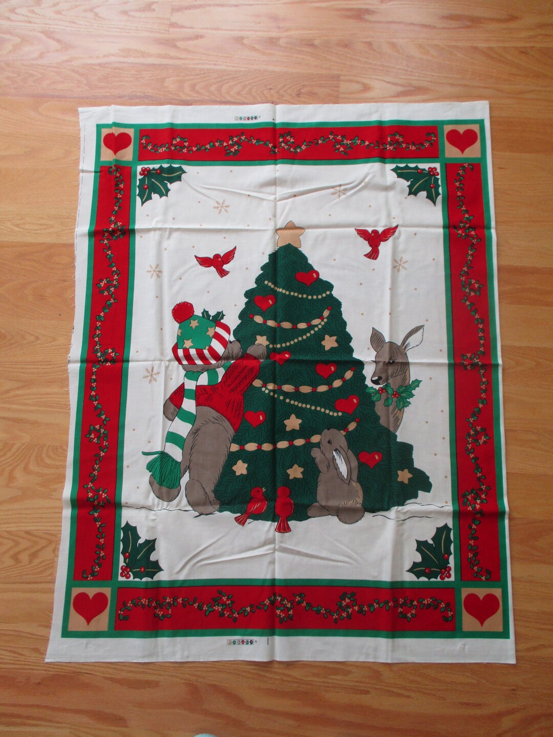 Christmas Tree Fabric Panel, Animals Around the Christmas Tree Fabric