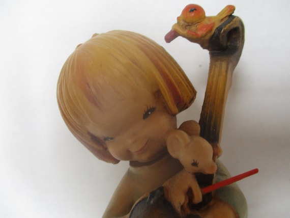 Anri, Anri Wood Carved Figure, Girl Playing Violin With Animals