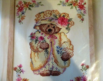 Counted Cross Stitch Bear Kit, Hallmark Mary-Mary Bearworthy Counted Cross Stitch Kit, Brown Female Bear With Bonnet and Flowers Kit, Kit