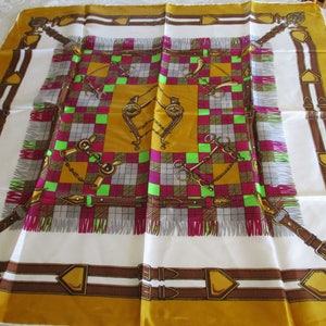Vintage Equestrian Scarf 30 x 30 Fox Hunt Horn Horse Bridals Buckles, La Belle Creole Paris Equestrian Scarf, Bright Colorful Fox Hunt Scarf