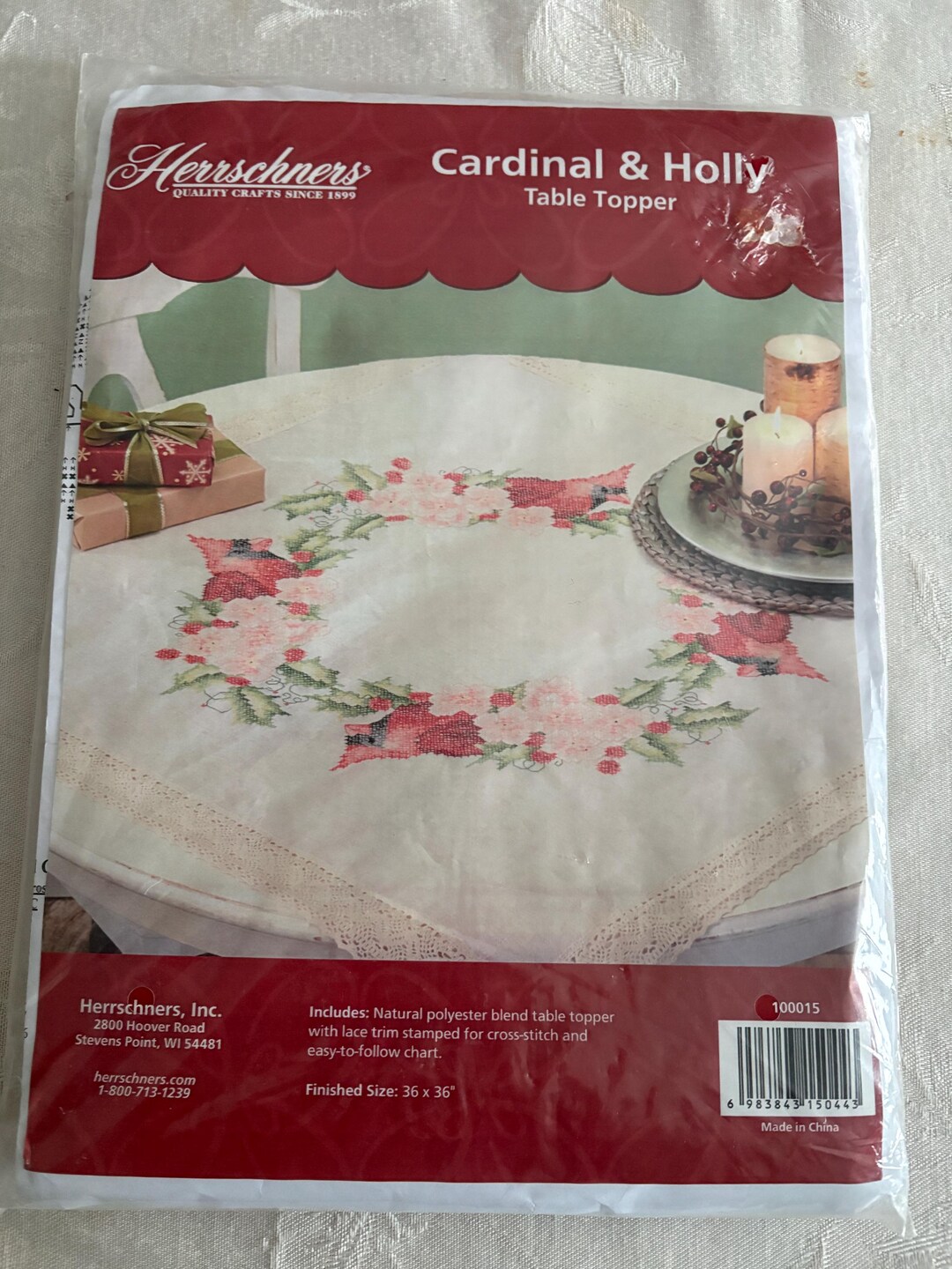 Stamped Cross Stitch Kit, Cardinal & Holly, Table Topper Kit, Cardinals ...