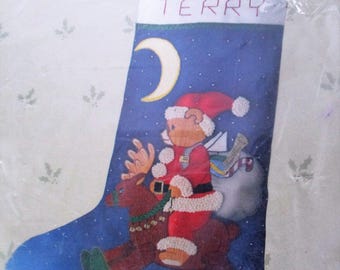 Crewel Embroidery Christmas Stocking Kit, Teddy Bear and Reindeer Christmas Stocking Kit, Something Special Crewel Teddy Reindeer Stocking