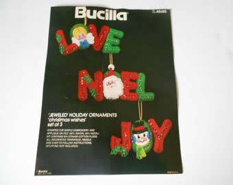 Vintage Christmas Ornament Kit, Jeweled Vintage Christmas Kit, Ornament Kit,Bucilla #48615 Jeweled Holiday Ornaments "Christmas Wishes" Kit