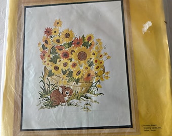 Crewel Kit, Crewel Embroidery Kit, Bunny's Basket, Bucilla Needlecraft, Brown Rabbit, Yellow Flowers, Floral Kit, Vintage Crewel Kit, READ