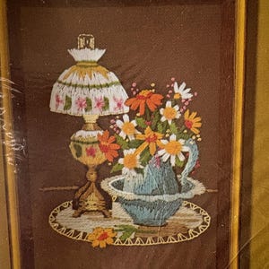 Crewel Kit, Lamp, Lace and Flowers Crewel Embroidery Kit, Jiffy Stitchery Kit, Sunset Designs, Victorian Lamp, Pitcher and Bowl, Floral, MCM