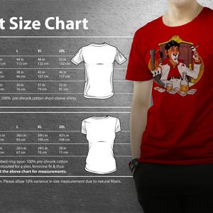 May include: T-shirt size chart with measurements in inches and centimeters for both unisex and ladies slim fit styles. The chart shows chest, waist, and length measurements for sizes S, M, L, XL, and 2XL.