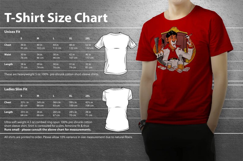 May include: T-shirt size chart with measurements in inches and centimeters for both unisex and ladies slim fit styles. The chart shows chest, waist, and length measurements for sizes S, M, L, XL, and 2XL.