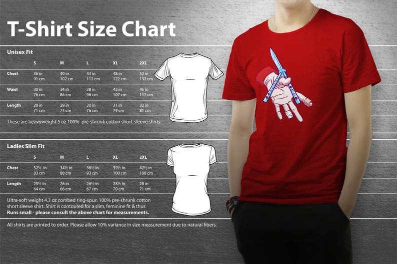 Puede incluir: Tabla de tallas de camiseta con medidas en pulgadas y cent&iacute;metros para estilos unisex y de ajuste delgado para mujer. La tabla incluye medidas de pecho, cintura y longitud para las tallas S, M, L, XL y 2XL.