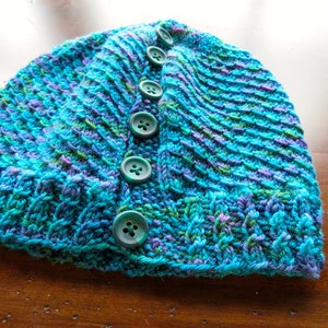 Può includere: Un cappello di lana blu e verde con una fila di cinque bottoni verdi sul retro.