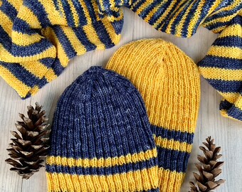 ストライプUリブ編み帽子の編み図、学校チームカラー、男女兼用複数