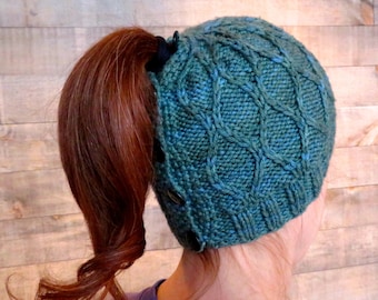 Knitting pattern, Trellis Ponytail Hat knitting pattern, messy bun hat knitting pattern, ponytail hat knitting pattern, bun beanie knitting