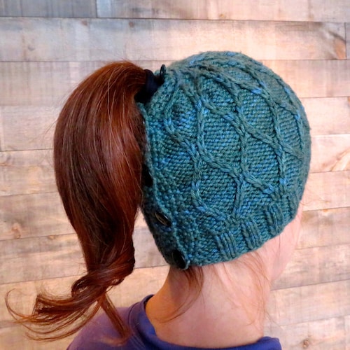 Knitting pattern, Trellis Ponytail Hat knitting pattern, messy bun hat knitting pattern, ponytail hat knitting pattern, bun beanie knitting