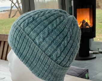 Sledding and Snowballs winter hat knitting pattern, cabled knit hat pattern, ribbed knit hat pattern, women's hat pattern for fingering yarn