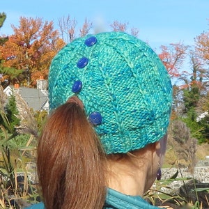 May include: A teal blue knitted hat with a ponytail hole and blue buttons on the back.