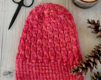 Inside Hat cabled hat knitting pattern, sock yarn hat knitting, lightweight hat knitting pattern, men's hat knitting pattern, easy cable hat