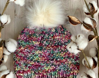 Colorful Women’s Luxury Merino Wool Beanie with faux fur pom pom, Hand Knit Hat, Gift for Her, Ethically Sourced, Multicolor 100% wool hat