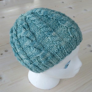 May include: A teal blue knitted hat with a cable knit pattern. The hat is on a white mannequin head.