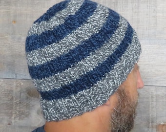 Easy Striped Beanie, gift knitting, easy hat knitting pattern, men's knitting, men's hat knitting pattern, beanie knitting, toque knitting