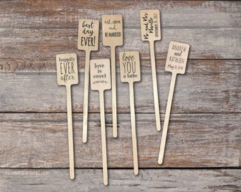 Personalized Wooden Drink Stirrers or Cupcake Picks - Custom Text or Graphic - Font Choice