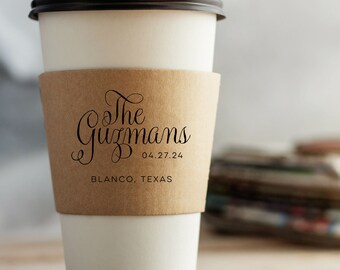 NEW Personalized Natural Brown Kraft Coffee Sleeves, White Cups and Black Lids - Custom Text or Graphic/Font Choice