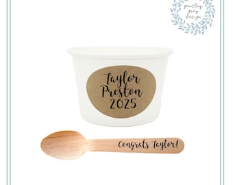 GRADUATION Themed - 8 Ounce White Ice Cream Cup - Wooden Spoon and Recycled Brown Kraft Custom Label Set - Free US Shipping