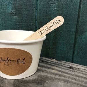 Custom Label - 8 Ounce White Ice Cream Cup, Wooden Spoon and Recycled Brown Kraft Label - Free US Shipping