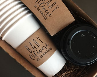 Personalized Natural Brown Kraft Coffee Sleeves - Optional Cups Sleeves and Stir Sticks - Custom Baby is Brewing - Not Rubber Stamped