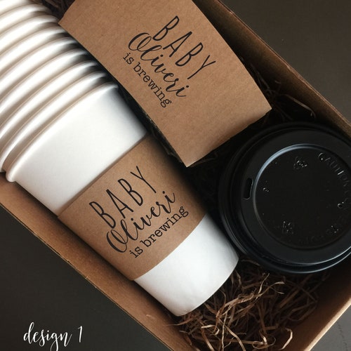Fundas de café Kraft marrón personalizadas (opcionales) - Fundas para vasos y palitos para mezclar para baby shower