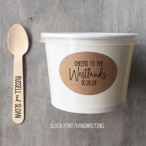 Custom Label - 8 Ounce White Ice Cream Cup, Wooden Spoon and Recycled Brown Kraft Label - Free US Shipping