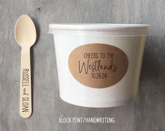Custom Label - 8 Ounce White Ice Cream Cup, Wooden Spoon and Recycled Brown Kraft Label - Free US Shipping