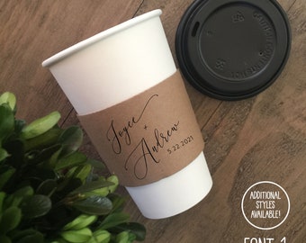 Personalized Natural Brown Kraft Custom Coffee Sleeve, White Cups and Black Lids - Script Name + Name Graphic - Wedding - Party - Shower