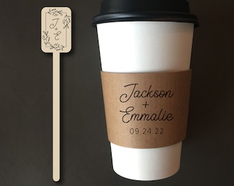 Personalized Natural Brown Kraft Custom Coffee Sleeve, White Cups, Black Lids and Matching Stirrers - Script Name + Name Graphic - Wedding